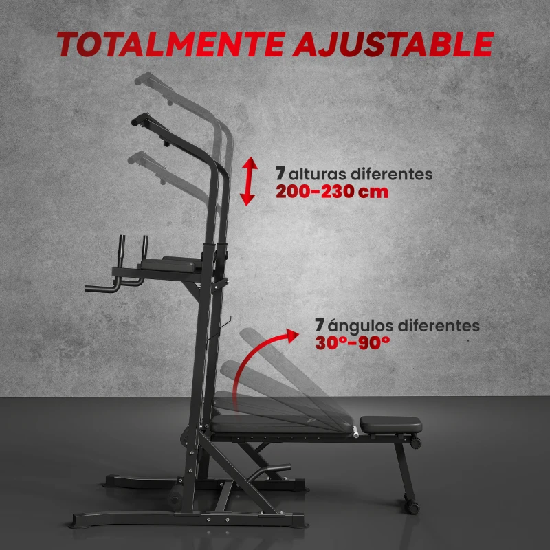 HOMCOM Estación de Musculación Torre de Entrenamiento Altura Ajustable con Barra de Dominadas y Banco Plegable para Fitness en Casa Gimnasio Carga 150 kg 99x178x230 cm Negro
