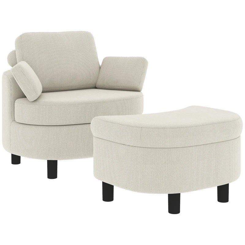 HOMCOM Fauteuil met opbergpoef, cordbekleding, omsluitende leesstoel met verstelbare hoofdsteun, brede zitting, crèmewit