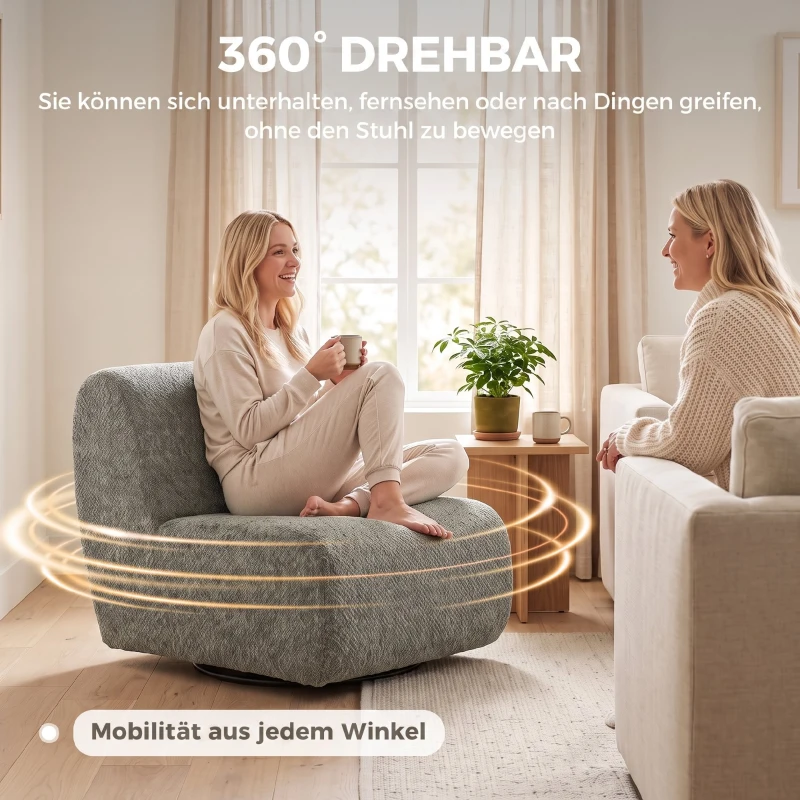HOMCOM Draaibare loungestoel met chenille-look, brede zitting, voor woonkamer, slaapkamer, grijs
