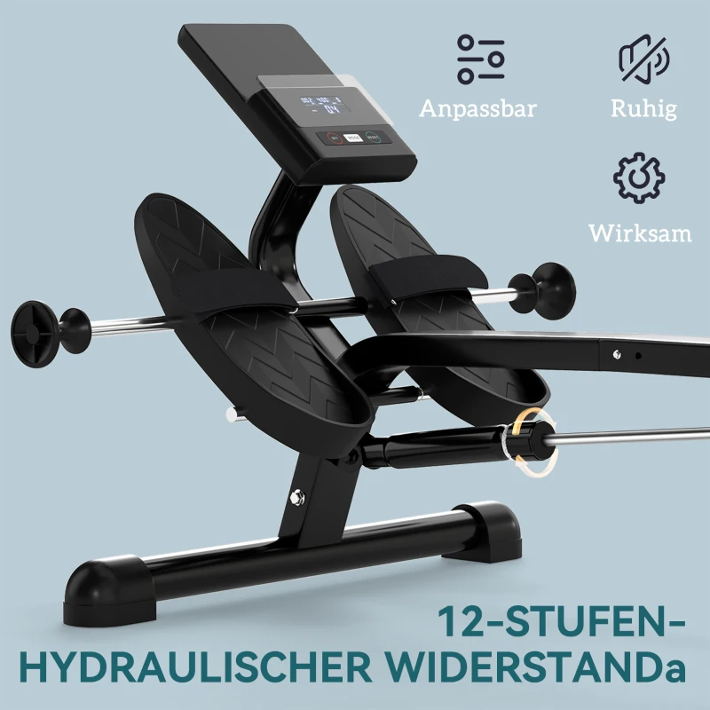 SPORTNOW Hydraulisches Rudergerät für Zuhause mit 12 Widerstandsstufen, mit LCD-Bildschirm und rutschfesten Pedalen Max. 130 kg