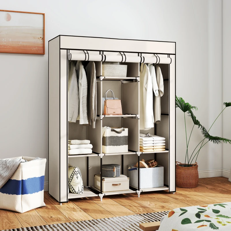 HOMCOM Dulap Textil cu 8 Rafturi și 2 Bare, Economisitor de Spațiu pentru Dormitor, 125x43x162,5 cm, Gri Deschis