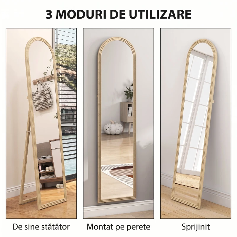 HOMCOM Oglindă de Podea și Perete Full Body cu Suport, Efect de Piatră și Formă Arcuită, 40x160 cm, Bej