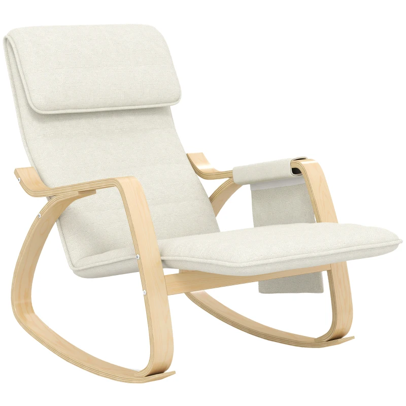 HOMCOM Silla Mecedora con Reposapiés Ajustable en 5 Posiciones Bolsillo Lateral Reposabrazos de Madera Reposacabezas Crema