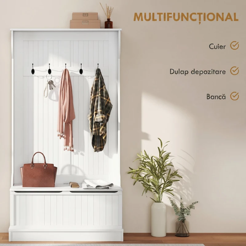 HOMCOM Cuier de Podea cu Bancă pentru Pantofi și 5 Cârlige, MDF, 96L x 34I x 179,7Î cm, Crem