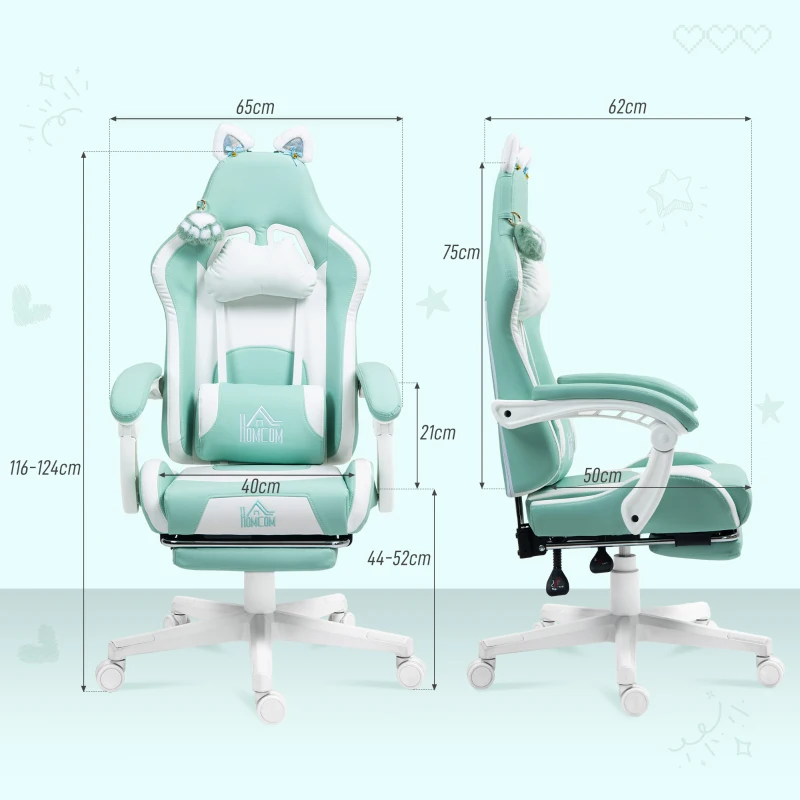 HOMCOM Scaun de Gaming Rabatabil cu Suport pentru Picioare și Perne, din Piele Ecologică și Spumă, 65x62x116-124 cm, Alb și Albastru