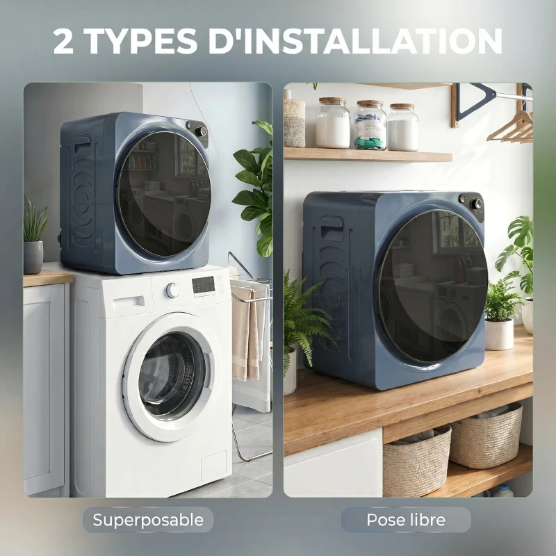 HOMCOM Sèche linge à évacuation compact, sèche-linge électrique 1000 W 3 Kg, 5 modes de séchage, cuve en acier inoxydable, bleu