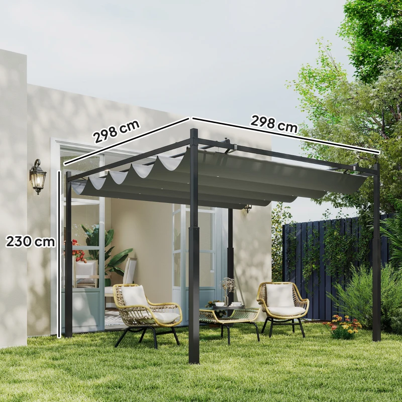 Outsunny Pérgola de Jardín 3x3 m con Techo Retráctil y Accesorio Magnético Protección UV30+ Columnas Metálicas y Ganchos Gris