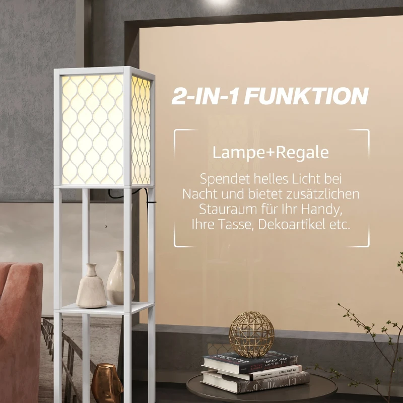 HOMCOM Lampa stojąca w nowoczesnym designie, 2 półki, łańcuszek włącznika, 26 cm x 26 cm x 156 cm, biały