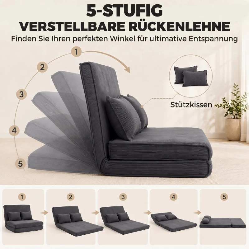 HOMCOM Bodenstuhl mit Rückenlehne, Cord-Klappsofa als Gästebett, Verstellbare Rückenlehne, Breiter Sitz, Dunkelgrau