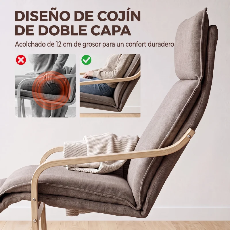 HOMCOM Butaca de Salón Tapizada en Lino con Reposapiés con Balanceo Suave Respaldo Alto Asiento Amplio Marrón Claro