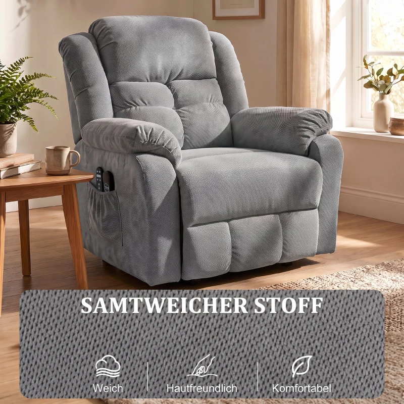 HOMCOM Aufstehsessel mit Massagefunktion und Lendenheizung, Recliner-Sessel mit Fernbedienungen und Seitentaschen, Hellgrau