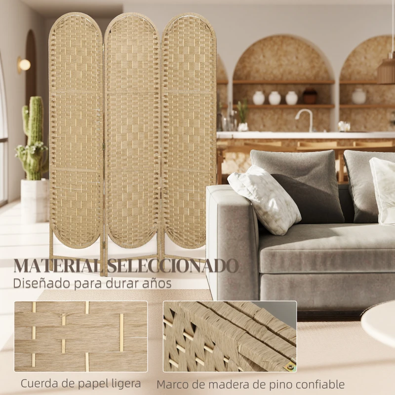 HOMCOM Biombo Separador de Ambientes 3 Paneles 120x170 cm con Parte Superior Arqueada Tejido a Mano Divisor Plegable Natural