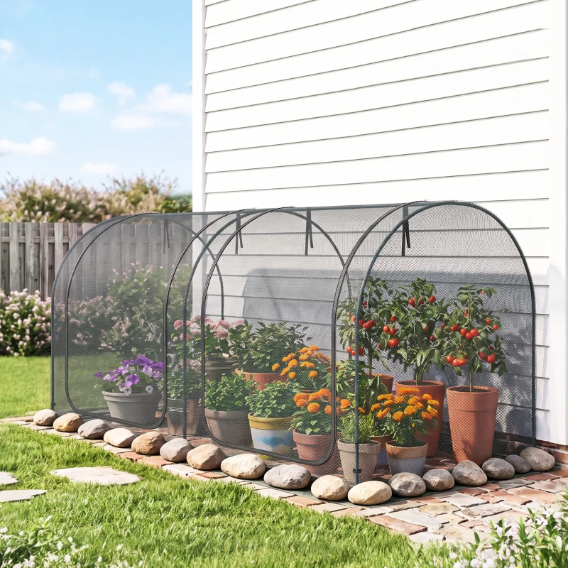 Outsunny 2,49 x 1,2 m Gartennetz, Pflanzenschutzzelt mit Tür, Winddichtes Schädlingsschutznetz mit Stahlrahmen, Schwarz