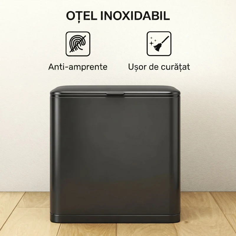 HOMCOM Pubelă 8 L cu Capac din Oțel Inoxidabil, Suspendată sau de Sine Stătătoare, 29,7x17,4x30 cm, Negru