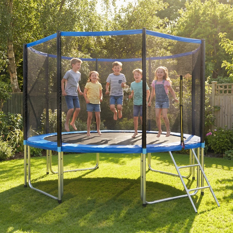 SPORTNOW Cama Elástica Exterior Ø366 cm Trampolín para Niños con Red de Seguridad Escalera y Acolchado de Muelles Azul