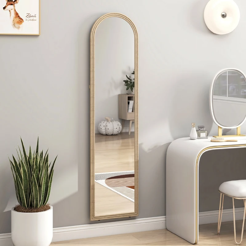 HOMCOM Oglindă de Podea și Perete Full Body cu Suport, Efect de Piatră și Formă Arcuită, 40x160 cm, Bej