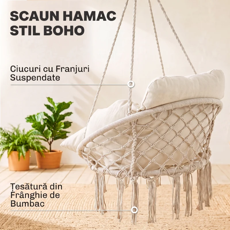 Outsunny Fotoliu Suspendat în Stil Boho cu Pernă, din Oțel, Bumbac și Poliester, 80x60x40 cm, Alb Crem(m-10)