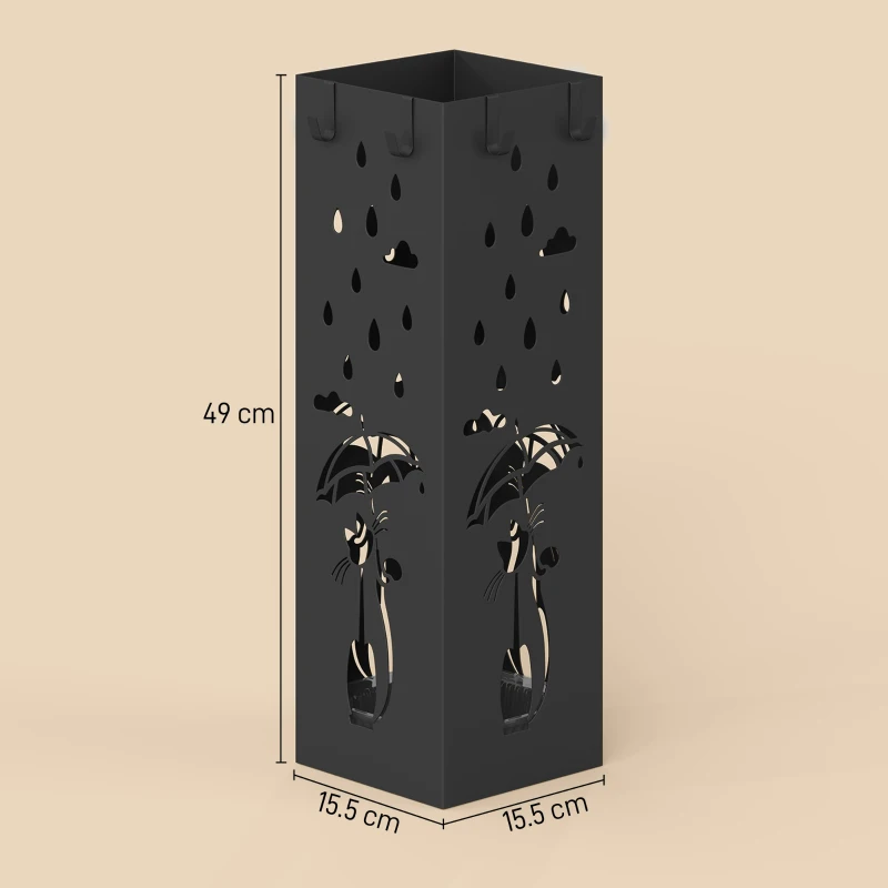 HOMCOM Suport de Umbrele Pătrat din Metal pentru Intrare, Suport Autoportant cu Tavă Detașabilă și 4 Cârlige, pentru Interior și Exterior, 15.5x15.5x49 cm, Negru