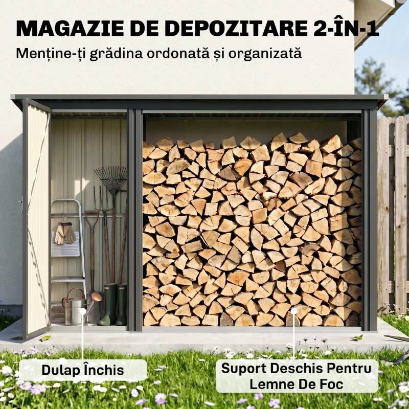 Outsunny Magazie pentru Lemne cu Acoperiș Înclinat, 235x67x149 cm, Gri Închis