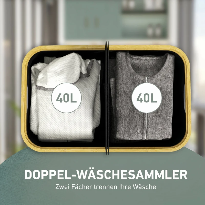 HOMCOM Doppel-Wäschekorb mit Deckel, 80L zusammenklappbarer Wäschesammler mit Griffmulden