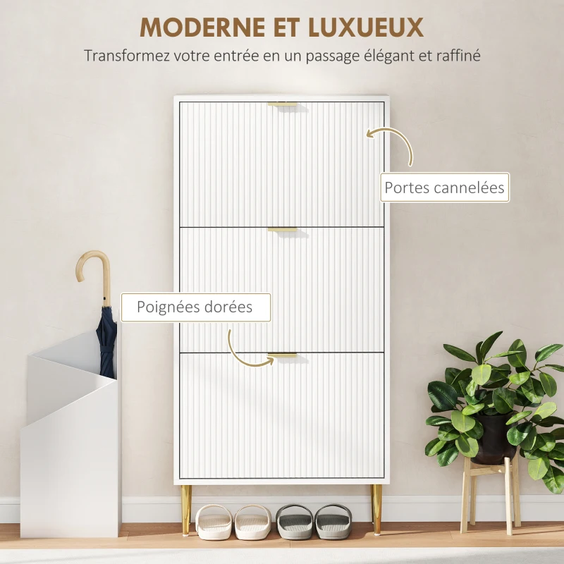 HOMCOM Meuble à chaussures 18 paires avec 3 tiroirs rabattables, portes cannelées et étagères réglables, 60x24x122,5cm, blanc
