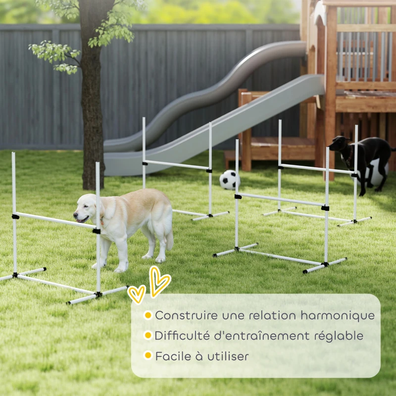 PawHut Agility pour Chiens, Kit Agility Chien Parcours, Set de 4 Obstacles Professionnels Hauteur Réglable, Système de Maintien au Sol, Sac de Transport, Jeux Intéressants, Entraînement, Blanc