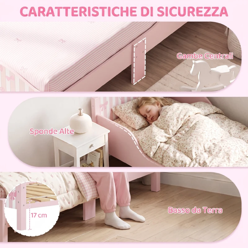 AIYAPLAY Letto Montessori per Bambini 3-6 Anni 146x76.5cm, Sponde Anti-Caduta, Forma di Fiocco per Cameretta, Rosa
