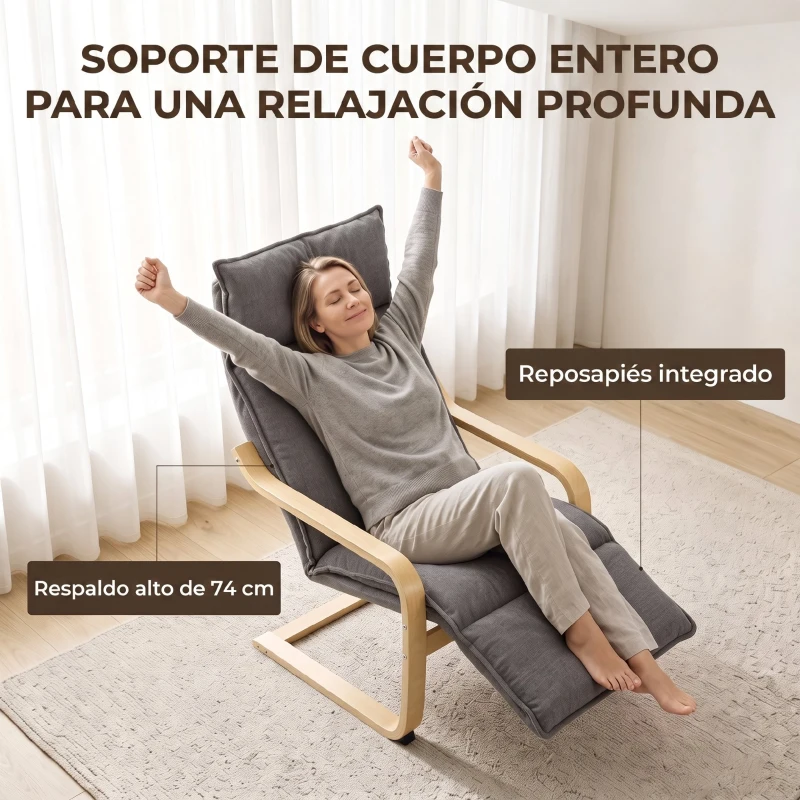 HOMCOM Butaca de Salón Tapizada en Lino con Reposapiés con Balanceo Suave Respaldo Alto Asiento Amplio Gris Oscuro