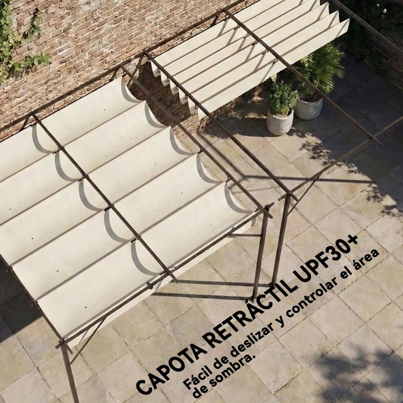 Outsunny Pérgola de Pared de Jardín 3x3 m con Techo Retráctil Protección UPF30+ Drenaje Cenador de Jardín para Exterior Crema