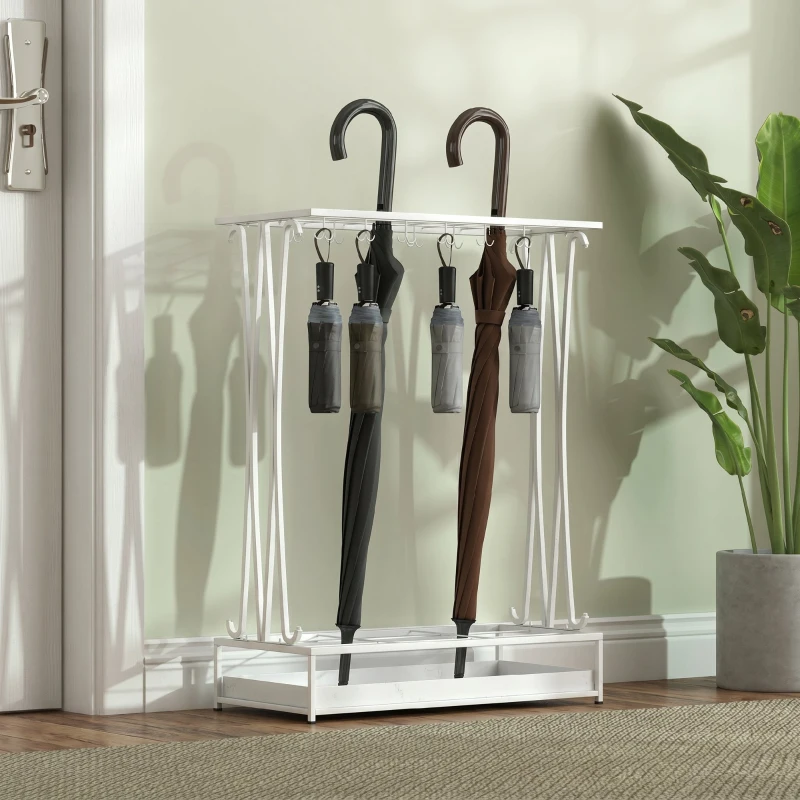 HOMCOM Portaombrelli con Vaschetta per l'Acqua, 21 Fori e 24 Ganci per Ombrello, in Acciaio, 50x24x68 cm, Bianco