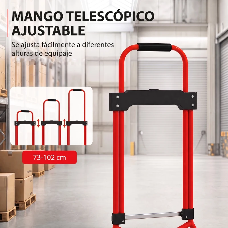 HOMCOM Carretilla Plegable con Mango Telescópico Ajustable Carga 60 kg Carretilla de Mano con Ruedas para Garaje Oficina Rojo