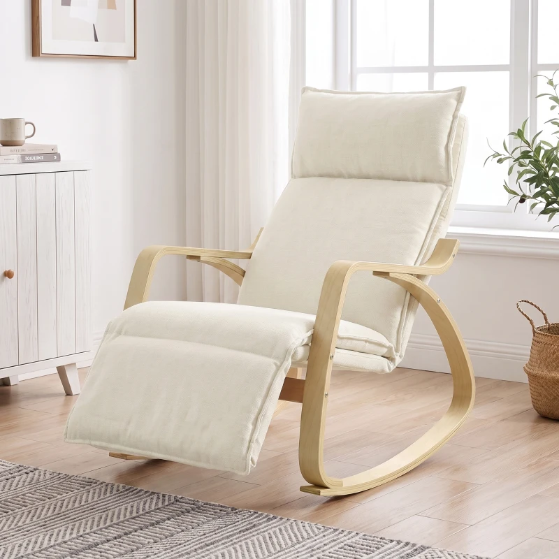 HOMCOM Poltrona de balanço com visual de linho com apoio para pés ajustável em 5 posições e visual de linho, para sala de estar, creme