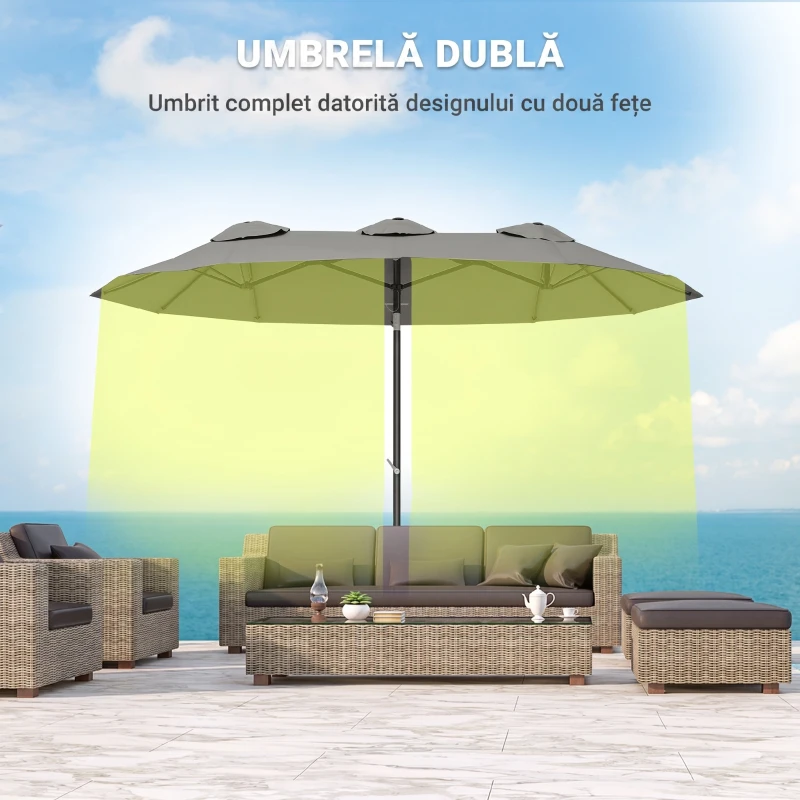 Outsunny Umbrelă dublă înclinabilă la 45° cu manivelă și orificii de aerisire, din oțel și poliester, 285x147x227 cm, gri