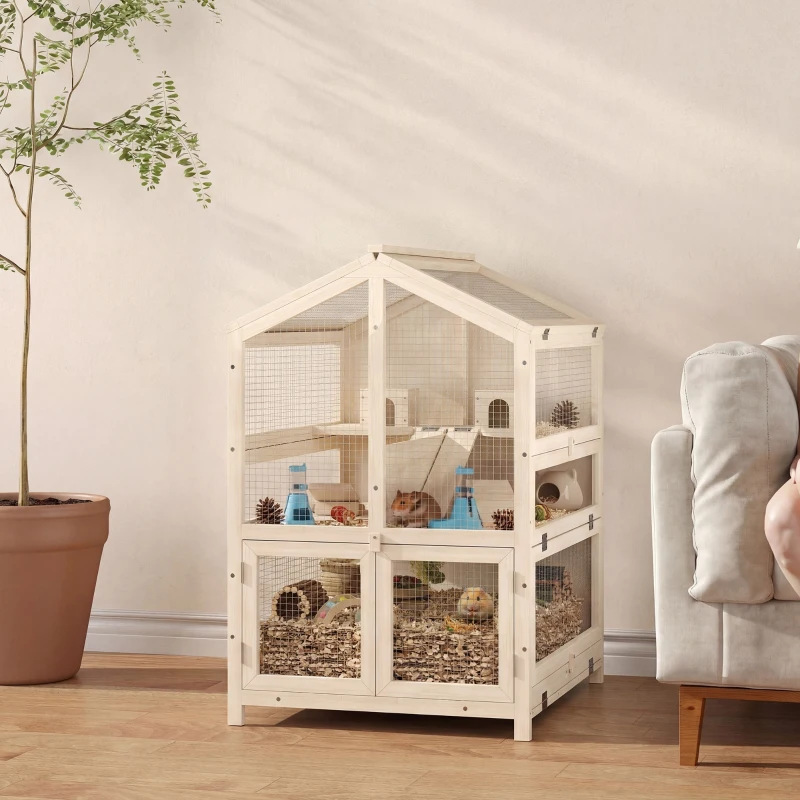 PawHut Cage Hamster 3 Étages en Bois avec Bac Amovible, Couvercle Ouvrant, Bascule, Cabane, Fenêtre, 68x61,5x90cm, Naturel
