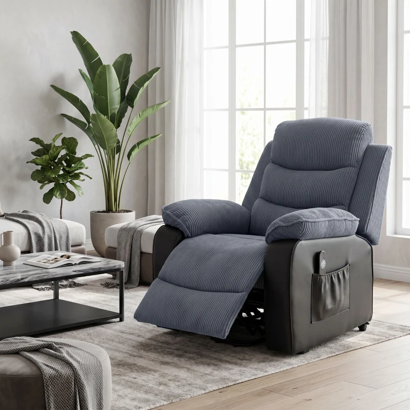 HOMCOM Aufstehsessel mit weichem Cordbezug, Recliner-Sessel mit Fernbedienung und Seitentaschen, Dunkelgrau