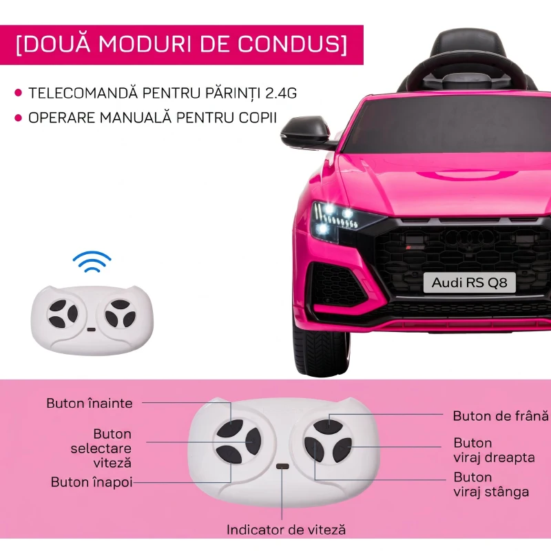 HOMCOM Mașină Electrică pentru Copii Audi RS Q8, 6V, 2 Motoare, Telecomandă, PP, 101x62x51 cm, Roz