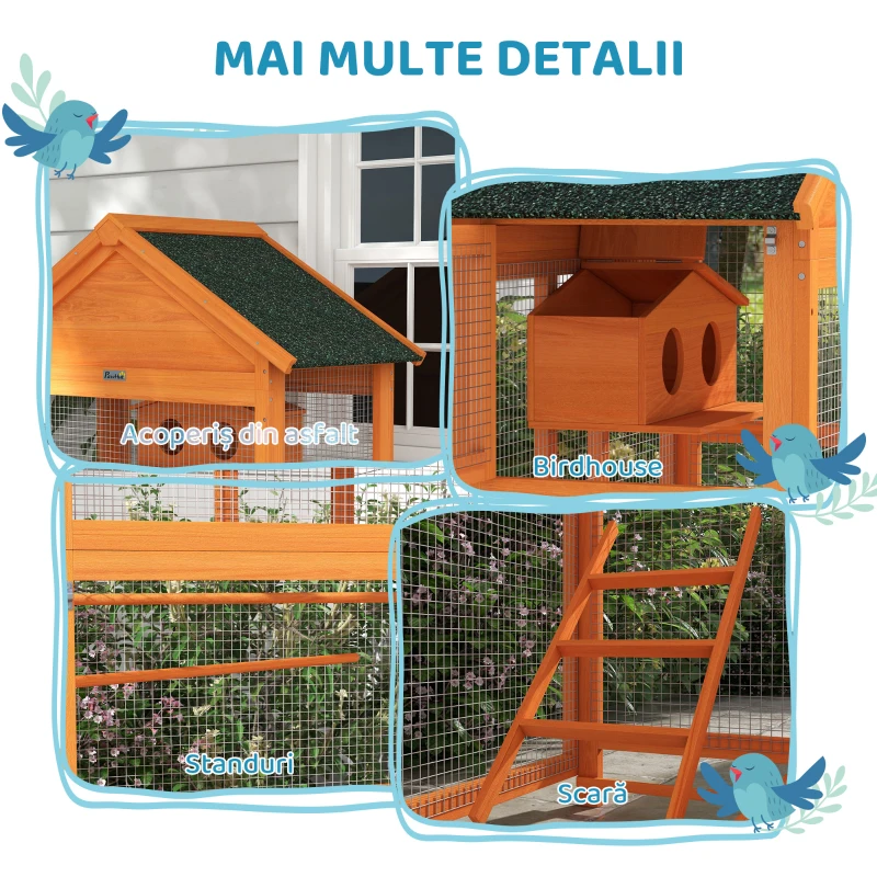PawHut Volieră pentru Păsări cu 3 Uși, Căsuță, Scară și Tavă, din Lemn și Metal, 92x52x171 cm, Portocaliu și Verde