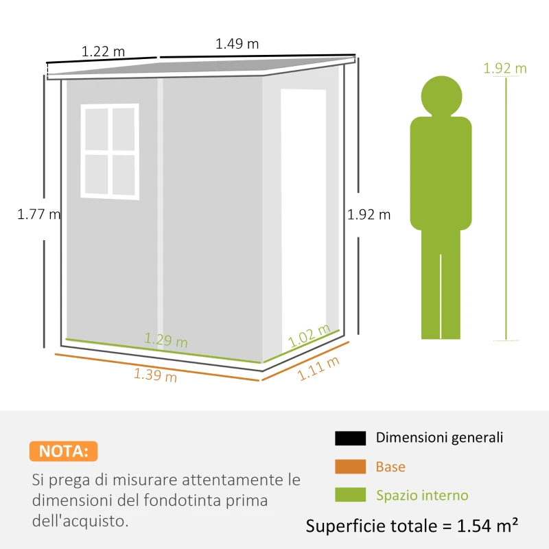 Outsunny Casetta da Giardino con Finestra e Doppia Porta, in PP e Alluminio, 122x149x192 cm, Grigio