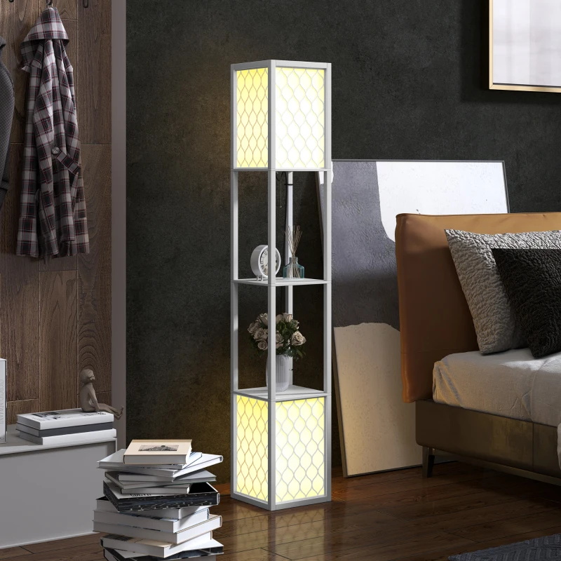 HOMCOM Lampa stojąca w nowoczesnym designie, 2 półki, łańcuszek włącznika, 26 cm x 26 cm x 156 cm, biały