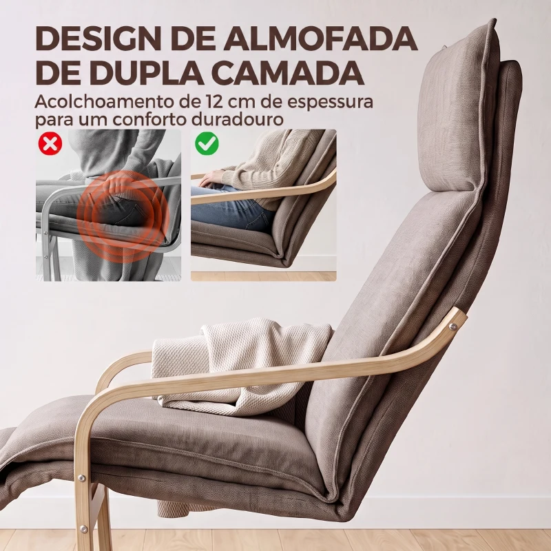 HOMCOM Cadeirão para Sala em Tecido Aspeto Linho com Apoio para os Pés Baloiço Suave Encosto Alto e Assento Largo Castanho Claro