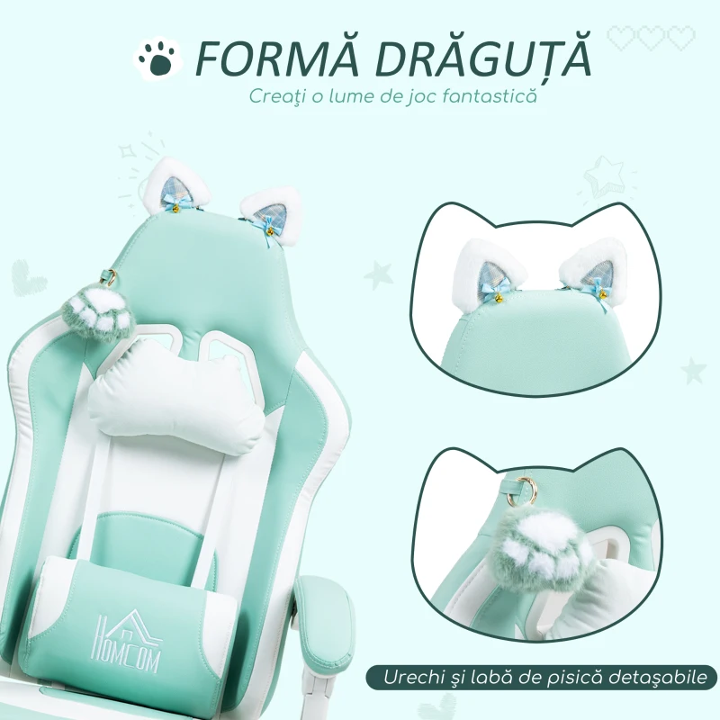 HOMCOM Scaun de Gaming Rabatabil cu Suport pentru Picioare și Perne, din Piele Ecologică și Spumă, 65x62x116-124 cm, Alb și Albastru