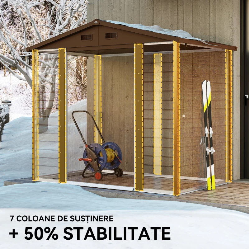 Outsunny Căsuță de Grădină Porta Unelte cu Uși Glisante și Părți cu Efect de Lemn, 2.3x1.5x2 m, Maro
