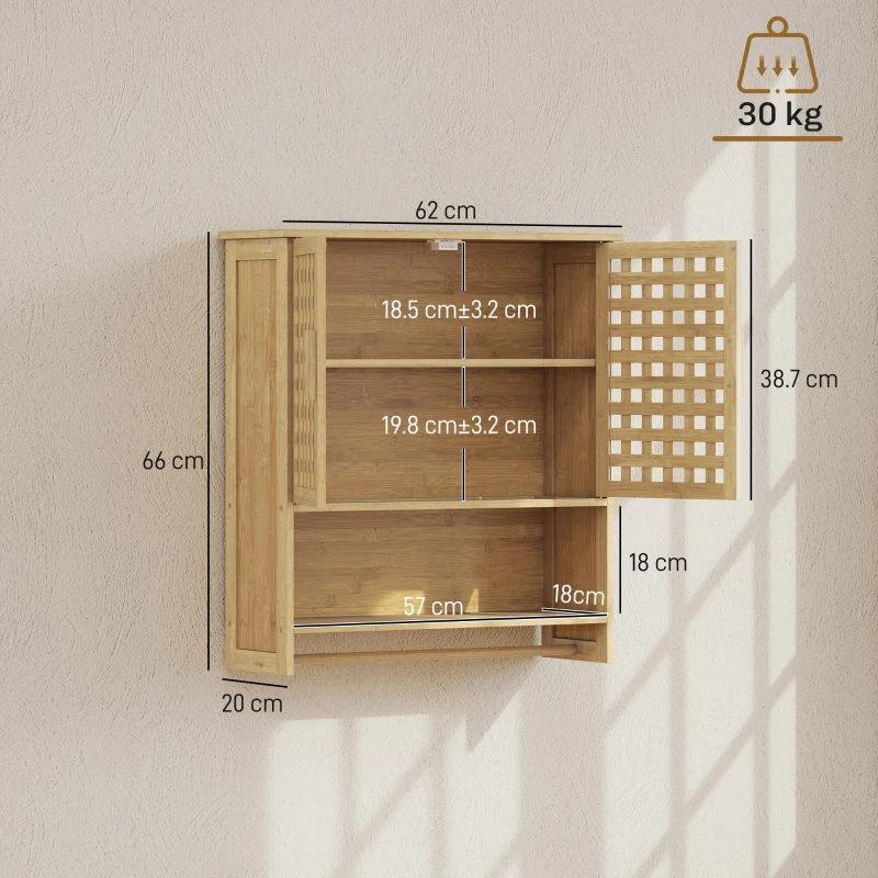 HOMCOM Dulap de perete pentru baie din bambus cu 2 uși ventilate, compartiment deschis și poliță reglabilă, lemn natural