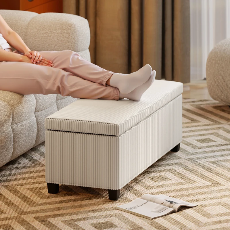 HOMCOM Bancă pentru Capătul Patului cu Spațiu de Depozitare de 84L, din Țesătură cu Aspect de Catifea și Oțel, 112x42x40 cm, Bej