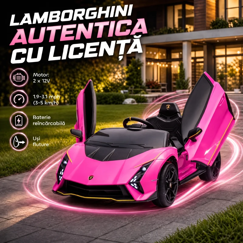AIYAPLAY Mașină Electrică pentru Copii 3-6 Ani 12V Lamborghini Autentica, 2 Motoare, Uși Tip Foarfecă, Suspensii, Roz