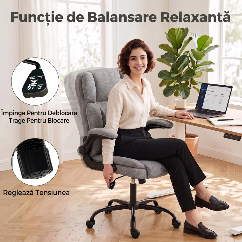 HOMCOM Scaun de Birou Rotativ cu Cotiere Rabatabile, Înălțime Reglabilă, Țesătură cu Aspect de In, Gri