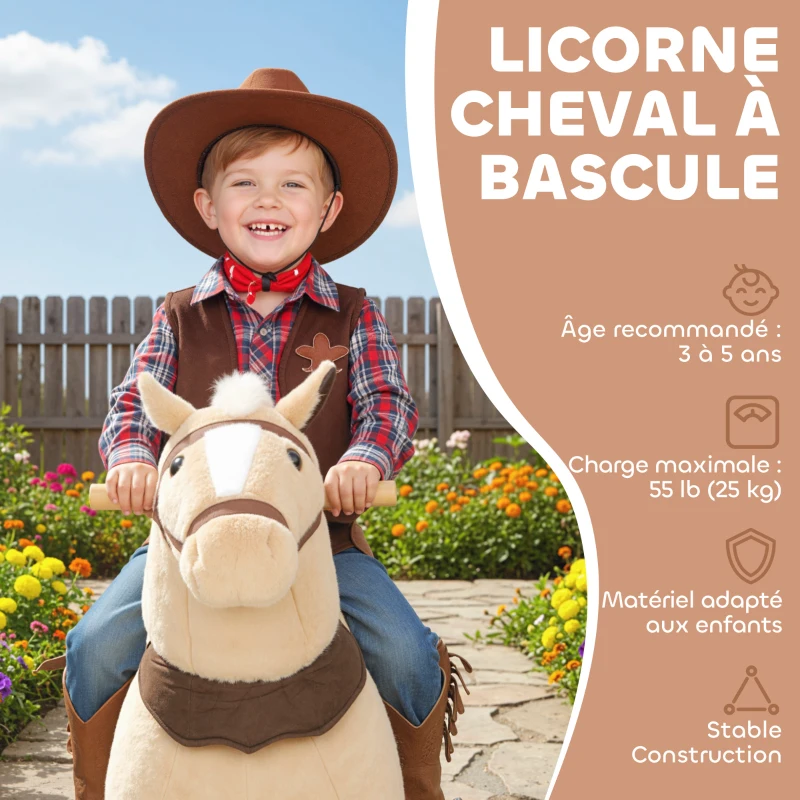 AIYAPLAY Cheval à bascule animal à bascule sur roulettes avec selle et harnais pour enfant de 3 à 5 ans 70 x 28 x 80 cm marron