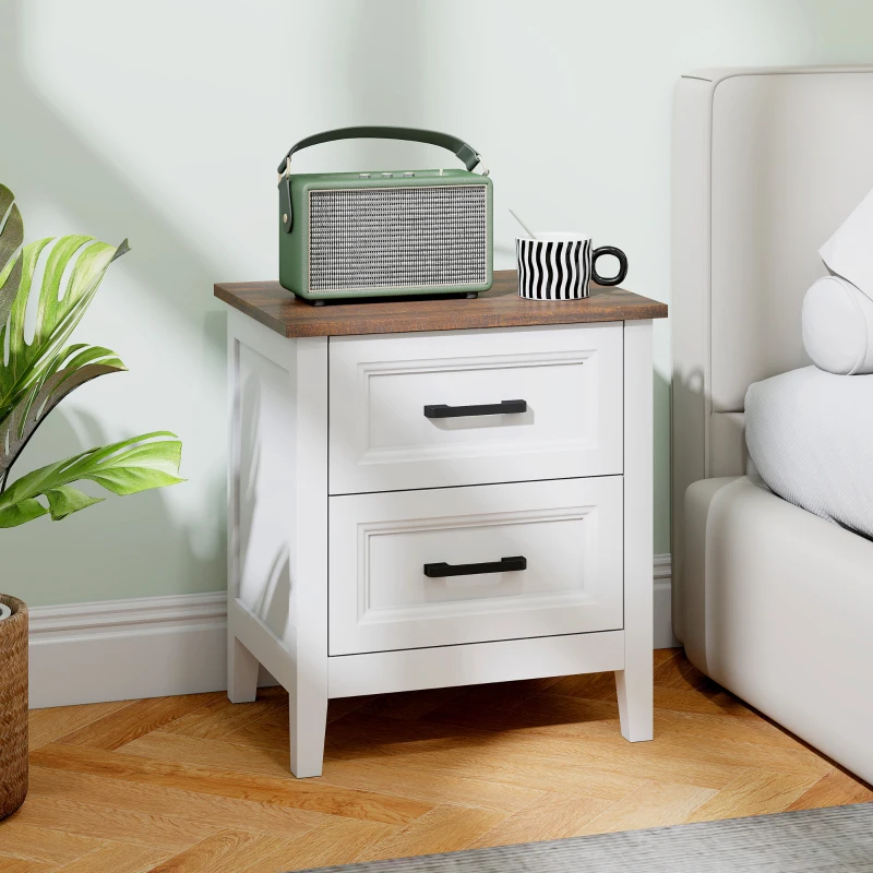 HOMCOM Mesa de Cabeceira Mesa de Cabeceira com 2 Gavetas Estilo Rústico 45x30x50 cm Branco