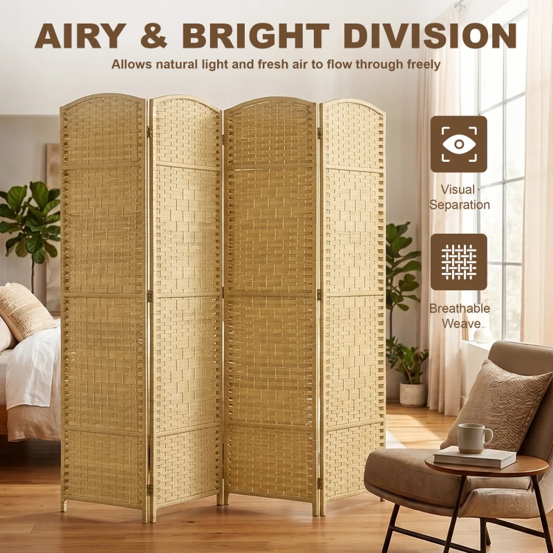 HOMCOM Paravan 4 Panouri Pliabile Per Interni Împletit 180x180cm