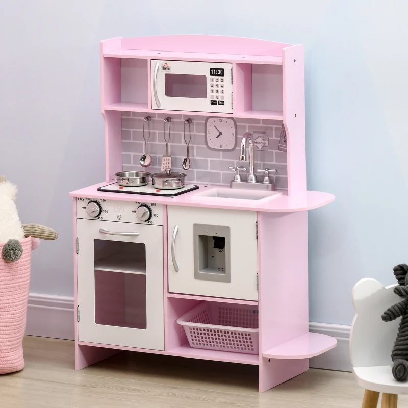 HOMCOM Bucătărie de Jucărie pentru Copii, cu Lumini și Sunete, Dozator Apă, Chiuvetă și Accesorii, MDF, PP, Roz